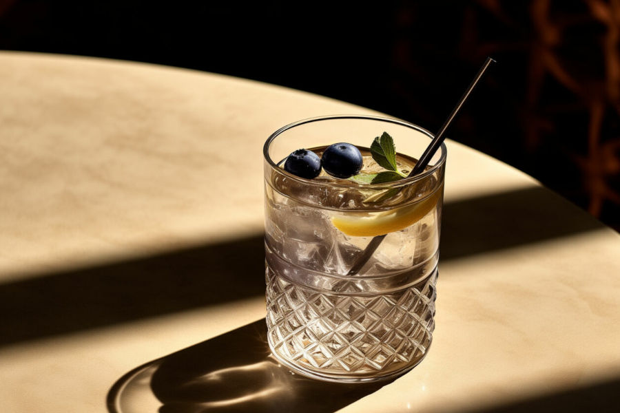 ein Glas Gin mit Heidelbeeren und einem Strohhalm